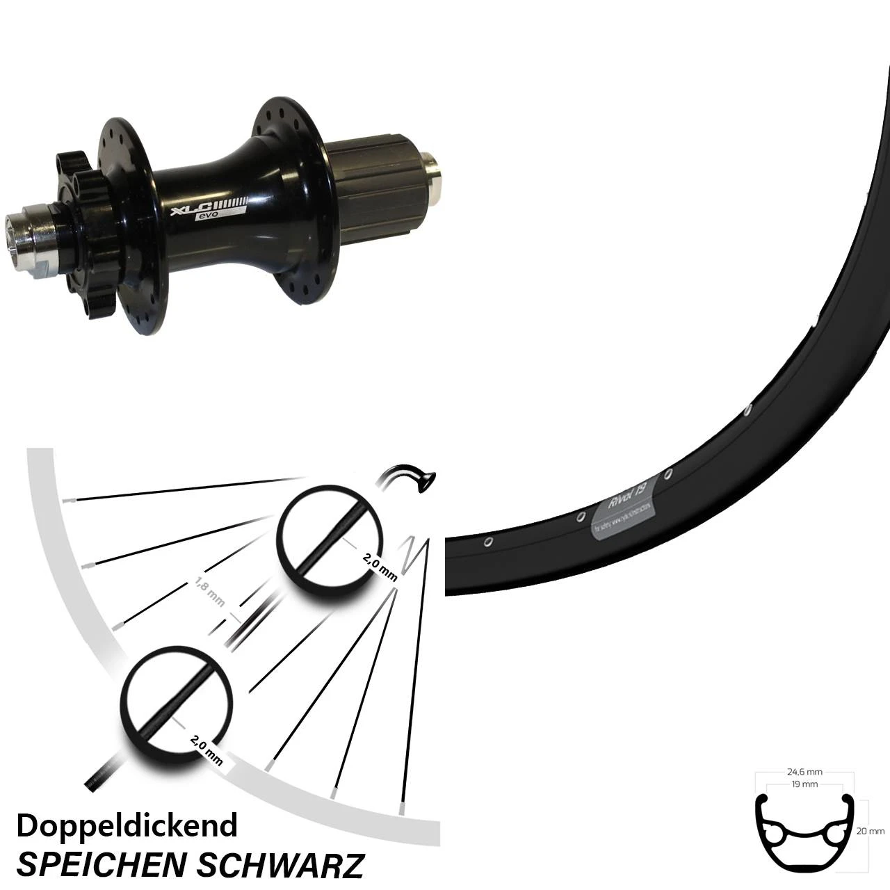 29 Zoll MTB Hinterrad Für Steckachse Ryde Rival 19 XLC Evo 6-Loch Schwarz