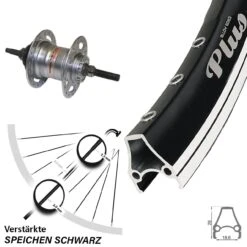 28 Zoll Rodi Airline Plus Hinterrad Schwarz Shimano 3 Gang Für Rollenbremse