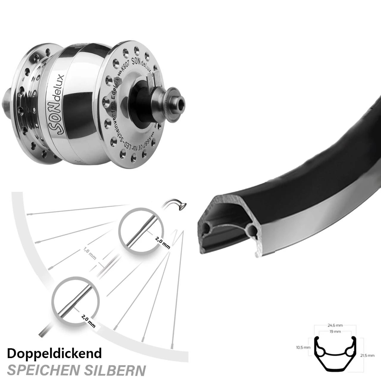 Son Delux Nabendynamo Silbern Poliert Ryde ZAC 2000 Fahrrad-Vorderrad 26 Zoll 1 Son Delux Nabendynamo Silbern Poliert Ryde ZAC 2000 Fahrrad-Vorderrad 26 Zoll