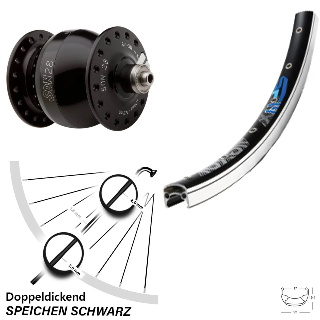 26 Zoll Nabendynamo Vorderrad Son 28 Exal SP 19 1 26 Zoll Nabendynamo Vorderrad Son 28 Exal SP 19