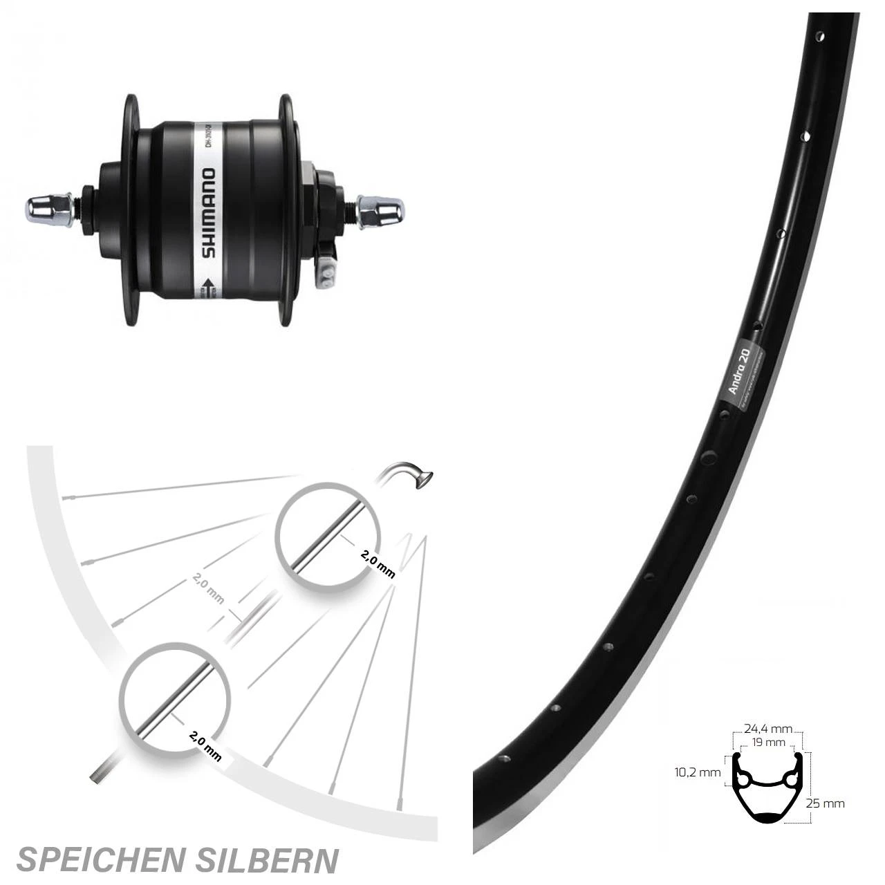 28 Zoll Vorderes Rad Mit Nabendynamo Ryde Andra 20 Shimano DH-3N31 1 28 Zoll Vorderes Rad Mit Nabendynamo Ryde Andra 20 Shimano DH-3N31