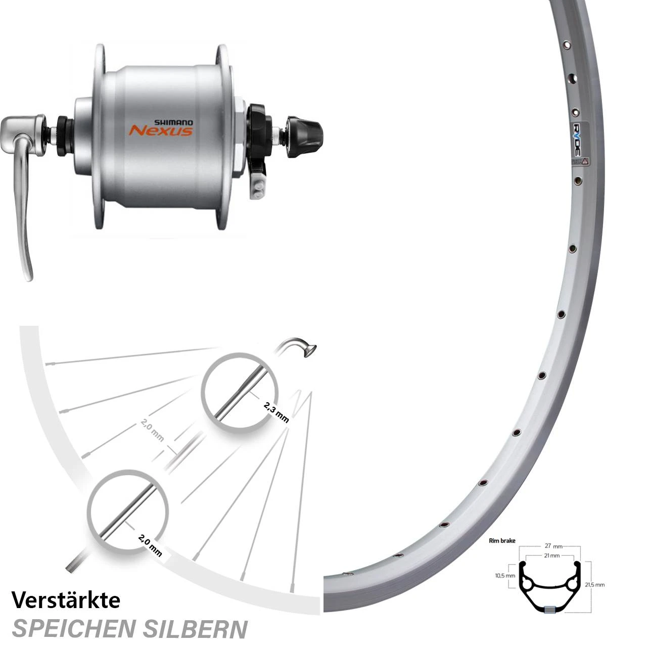 Vorderrad Mit Nabendynamo Shimano Nexus DH-C3000-3N Ryde ZAC 421 Silbern 27,5 Zoll 1 Vorderrad Mit Nabendynamo Shimano Nexus DH-C3000-3N Ryde ZAC 421 Silbern 27,5 Zoll