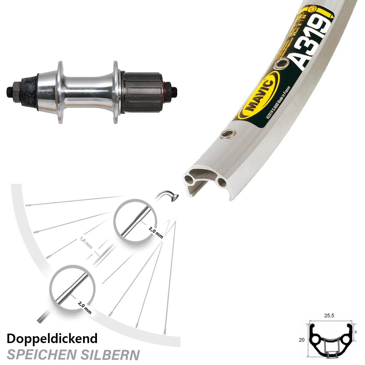 Hinterrad 28 Zoll Mavic A 319 Novatec 7-Fach Silbern 1 Hinterrad 28 Zoll Mavic A 319 Novatec 7-Fach Silbern