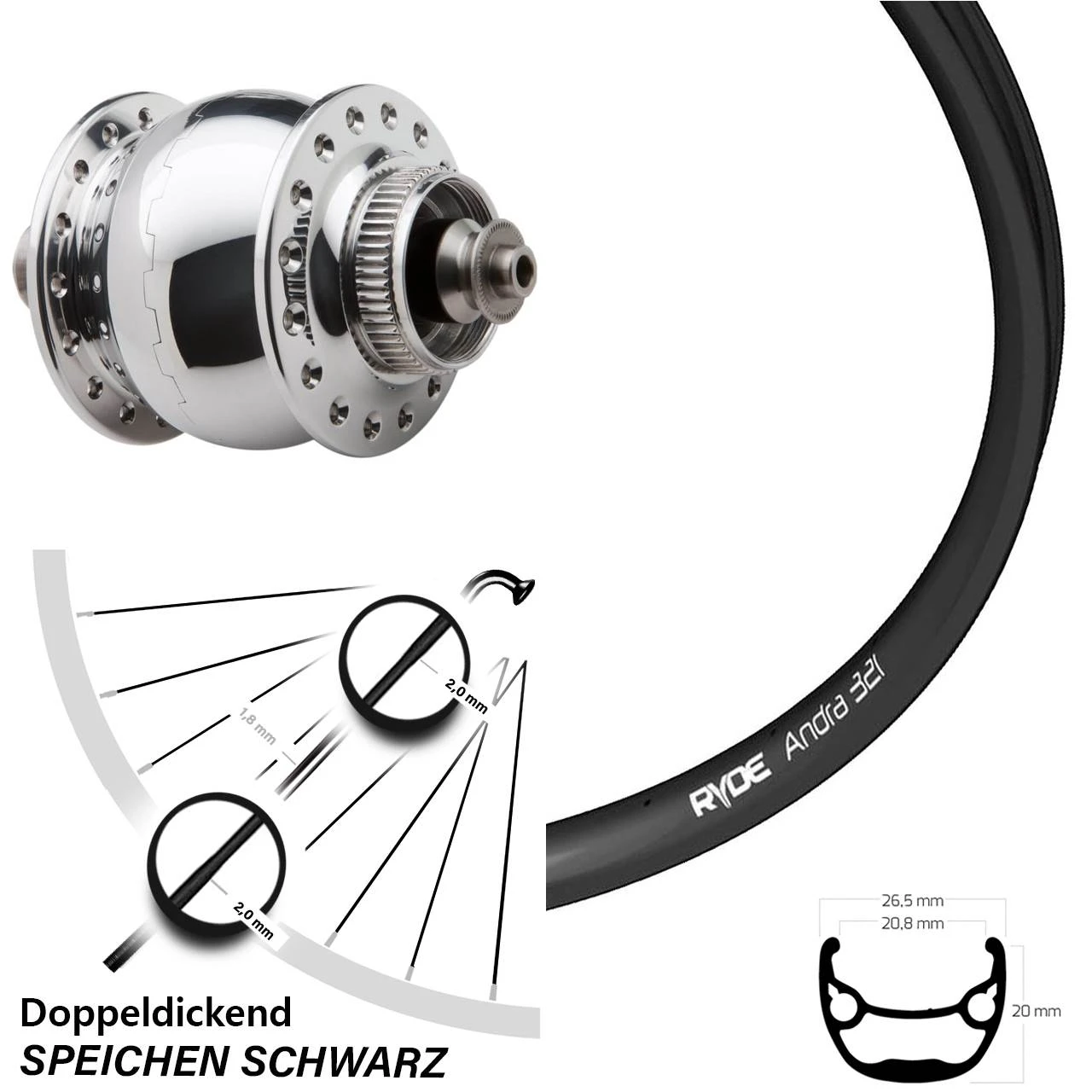 Vorderrad 26 Zoll Ryde Andra 321 Inklusive Son Delux 1 Vorderrad 26 Zoll Ryde Andra 321 Inklusive Son Delux