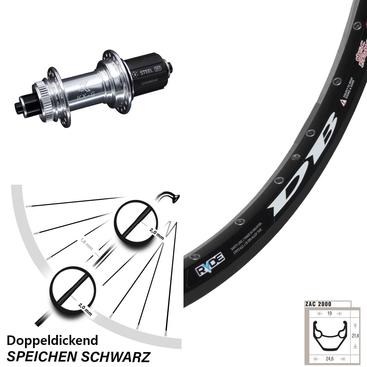 Ryde ZAC 2000 Hinterrad 28 Zoll Mit KX-GS Silbern Eloxiert 5x135 Centerlock Nabe 1 Ryde ZAC 2000 Hinterrad 28 Zoll Mit KX-GS Silbern Eloxiert 5x135 Centerlock Nabe