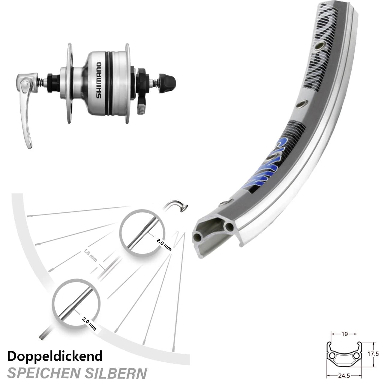 Vorderrad Fahrrad 26 Zoll Exal MX 19 Silbern Shimano DH3N80 Nabendynamo 1 Vorderrad Fahrrad 26 Zoll Exal MX 19 Silbern Shimano DH3N80 Nabendynamo