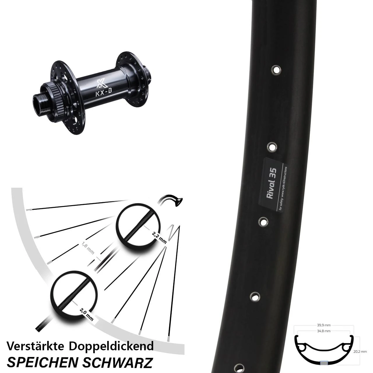 Verstärktes 27,5 Zoll Vorderrad Ryde Rival 35 Disc E-MTB KX-Boost 15x110 Nabe 1 Verstärktes 27,5 Zoll Vorderrad Ryde Rival 35 Disc E-MTB KX-Boost 15x110 Nabe