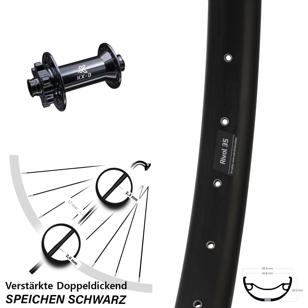 29+ Zoll Vorderrad Ryde Rival 35-622 ETRTO Mit KX-B 15x110 Mm 6-loch Nabe Sapim E-Light 1 29+ Zoll Vorderrad Ryde Rival 35-622 ETRTO Mit KX-B 15x110 Mm 6-loch Nabe Sapim E-Light