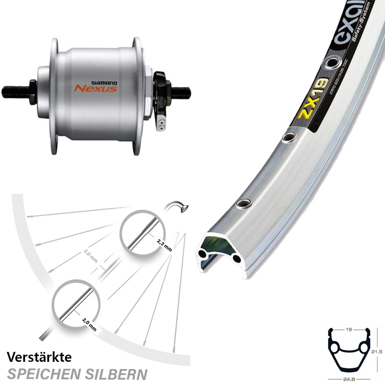 28 Zoll Nabendynamolaufrad Exal ZX19 Shimano Nexus DH-C3000-3N Silbern 1 28 Zoll Nabendynamolaufrad Exal ZX19 Shimano Nexus DH-C3000-3N Silbern