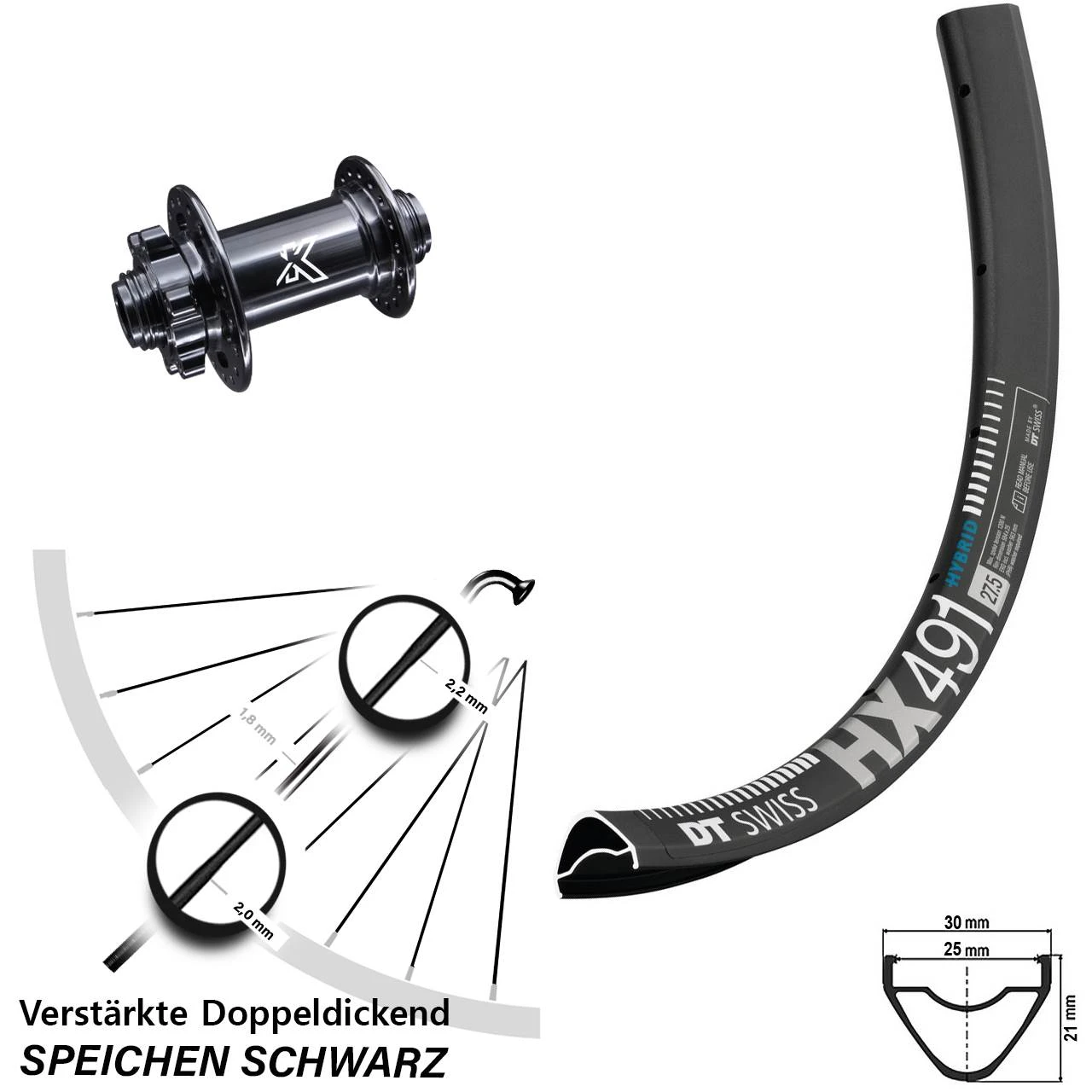 Dt-swiss 27,5 Zoll Vorderrad KX-M Nabe 15x100 Mm DT Swiss HX 491 Für Steckachse 1 Dt-swiss 27,5 Zoll Vorderrad KX-M Nabe 15x100 Mm DT Swiss HX 491 Für Steckachse