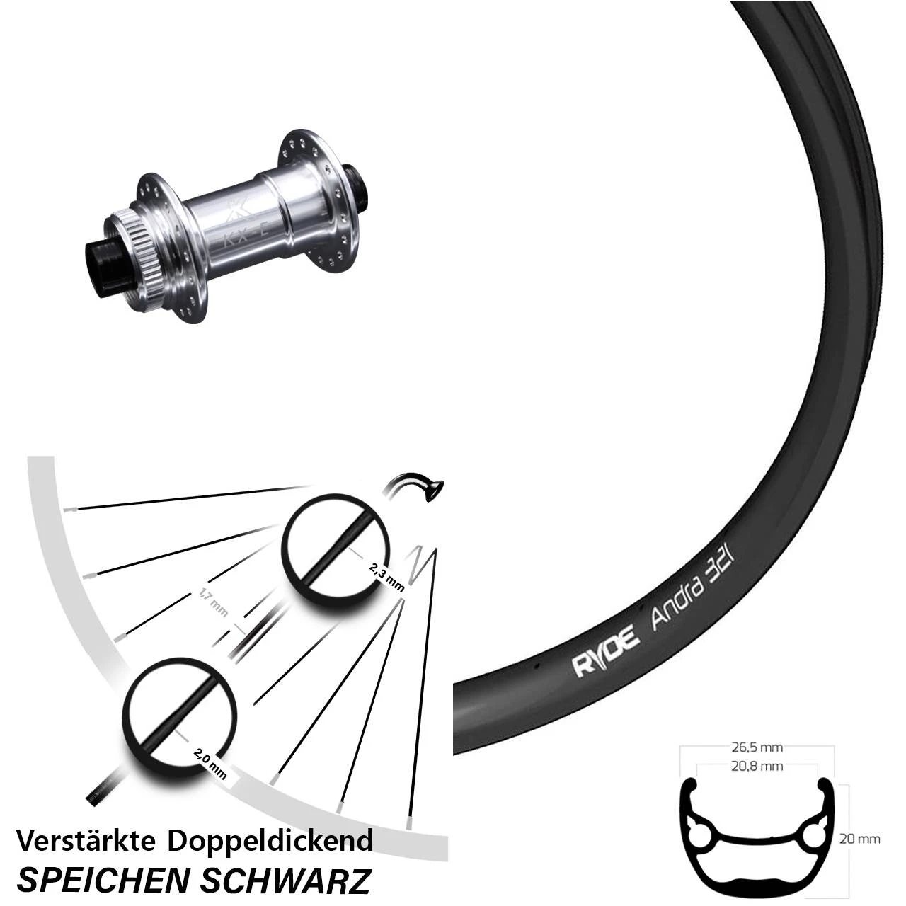 Vorderrad 27,5 Zoll KX-E Nabe Silbern-eloxiert 15x100 Mm Ryde Andra 321 1 Vorderrad 27,5 Zoll KX-E Nabe Silbern-eloxiert 15x100 Mm Ryde Andra 321