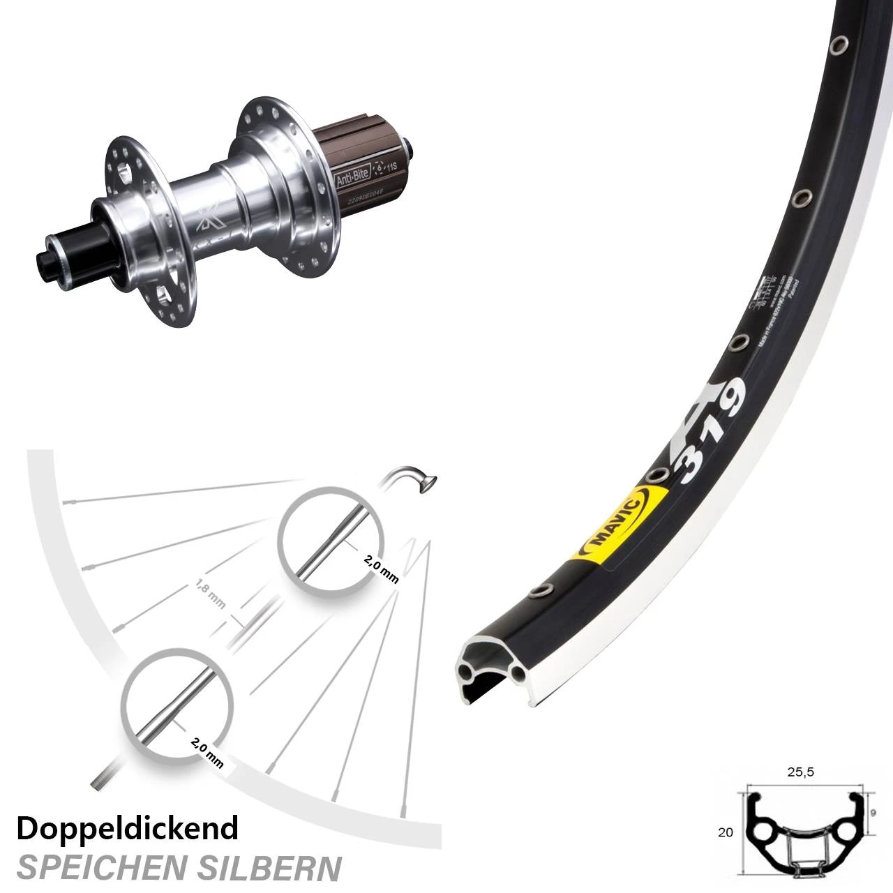 Mavic A 319 Hinterrad 28 Zoll Mit KX-T Silbern Schnellspanner 5x135 Mm 11-fach 1 Mavic A 319 Hinterrad 28 Zoll Mit KX-T Silbern Schnellspanner 5x135 Mm 11-fach